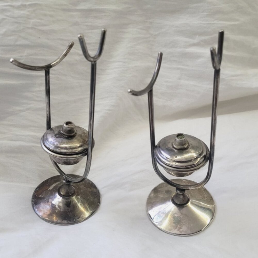 Antique Brandy Cognac Glass Snifter Warmer Silver Plated oil lamp Lanterns Set